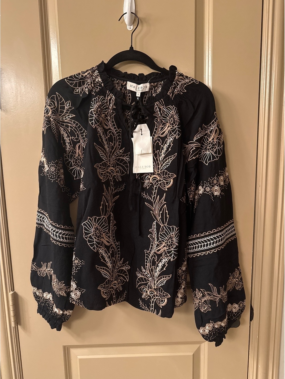 Womens Black Boho Floral Embroidered Long Sleeve Blouse with Tie Neck